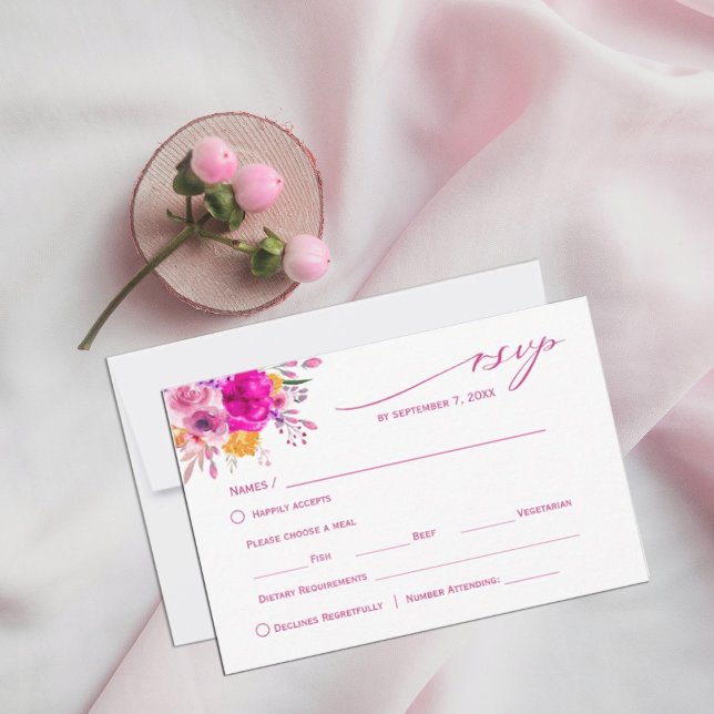 Colorful Wildflower Spring  RSVP Card (watercolor flowers in shades of pink and white in rustic garden greenery. #rsvp #responsecards)