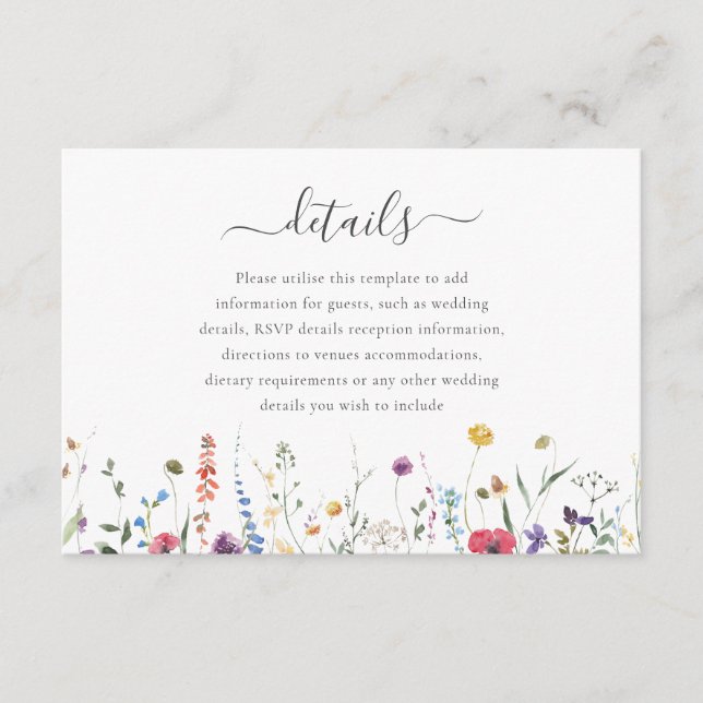 Colorful Wildflower Spring Summer Wedding Details Enclosure Card (Front)