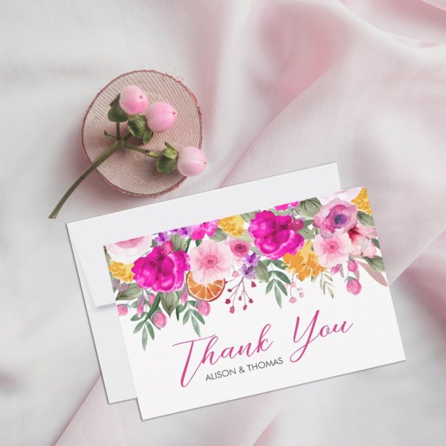 Colorful Wildflower Spring Thank You Card (watercolor flowers in shades of pink and white in rustic garden greenery. #springbloomflowers)