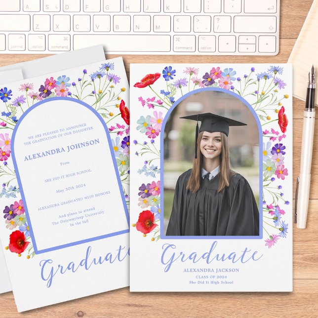 Colorful Wildflower Stylish Arch Graduate Photo Announcement (Modern wildflower arch grad photo high school graduation announcement card colorful boho floral)
