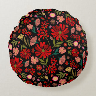 Colorful Wildflower Summer Floral Black Round Pillow