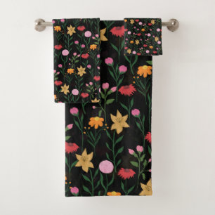 Colorful Wildflower Watercolor Black Design Bath Towel Set