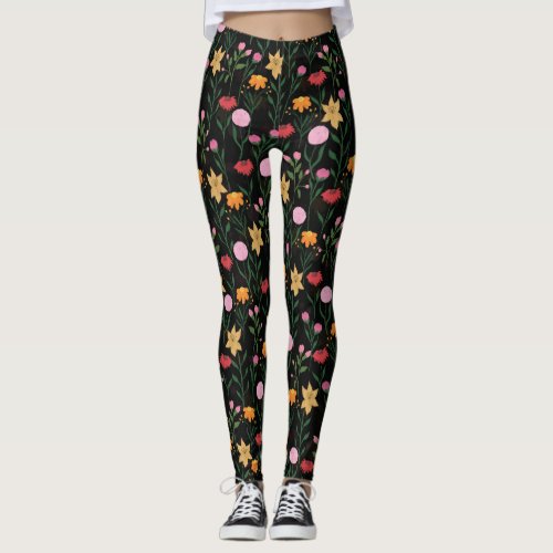 Colorful Wildflower Watercolor Black Design Leggings