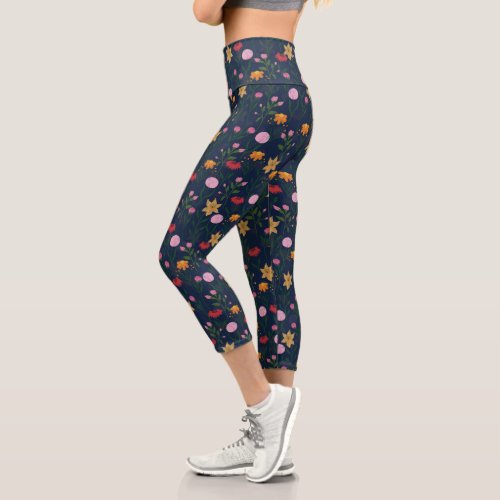 Colorful Wildflower Watercolor Blue Design Capri Leggings