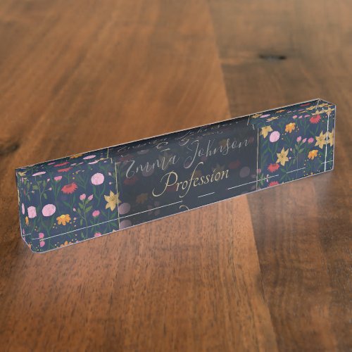 Colorful Wildflower Watercolor Blue Design Desk Name Plate