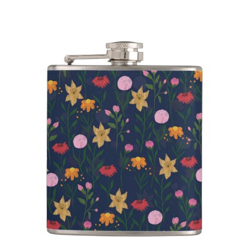 Colorful Wildflower Watercolor Blue Design Flask