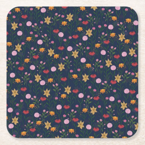 Colorful Wildflower Watercolor Blue Design Square Paper Coaster