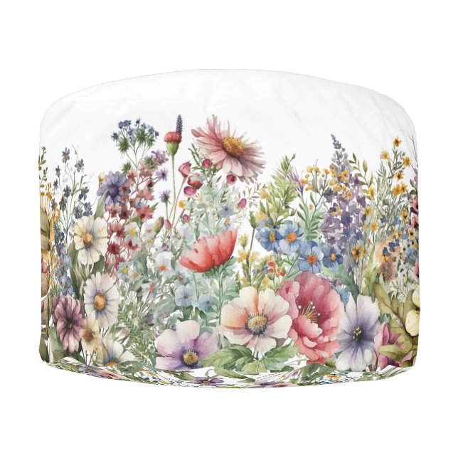 Colorful Wildflower Watercolor Floral Pattern  Pouf (Front)