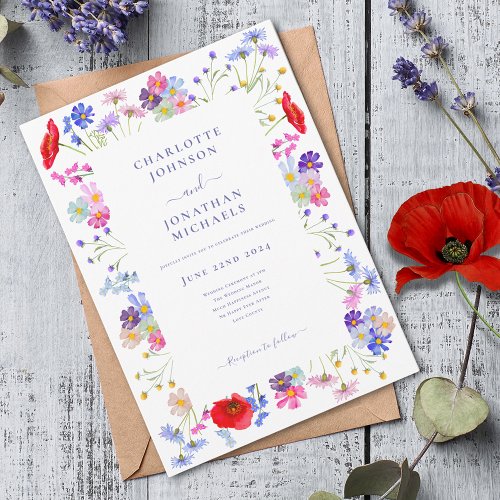 Colorful Wildflower Watercolor Purple Wedding Invitation