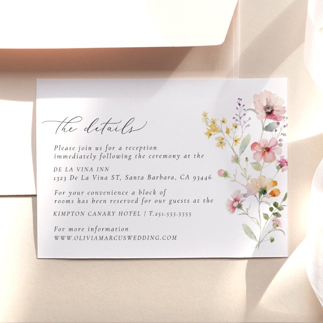Colorful Wildflower Wedding Details Enclosure Card (Wildflower meadow wedding details card with soft floral illustration and elegant calligraphy)