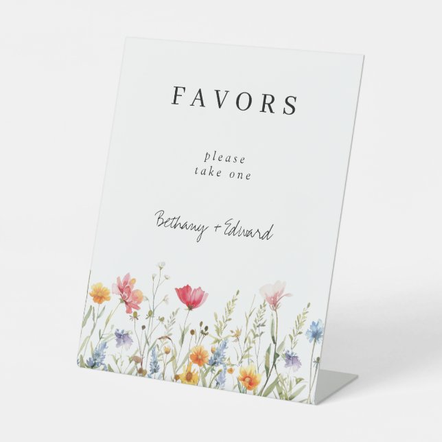 Colorful Wildflower Wedding Favors Pedestal Sign (Front)