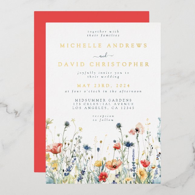 Colorful Wildflower Wedding Foil Invitation (Front/Back)