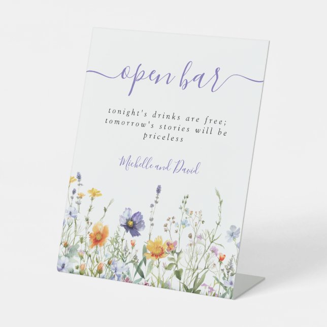 Colorful Wildflower Wedding Open Bar Pedestal Sign (Front)