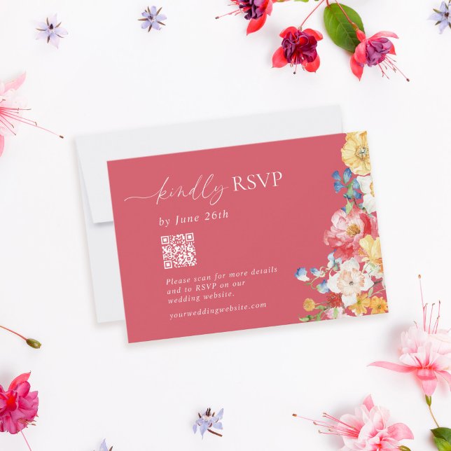 Colorful Wildflower Wedding Pink QR Code RSVP Card (Creator Uploaded)