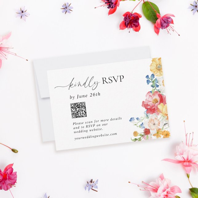 Colorful Wildflower Wedding QR Code RSVP Card (Creator Uploaded)