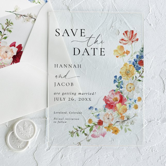 Colorful Wildflower Wedding Save The Date Acrylic Invitations (Creator Uploaded)