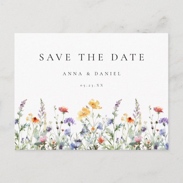 Colorful Wildflower Wedding Save the Date Postcard (Front)