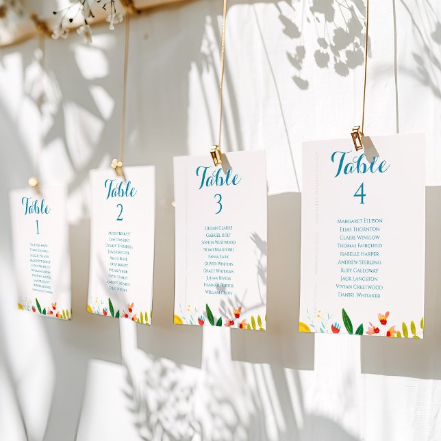 Colorful Wildflower Wedding Table Seating Chart (Colorful Floral Wedding Table Seating Chart Cards)