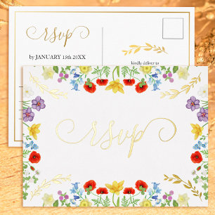 Colorful Wildflower White and Gold Wedding RSVP Foil Holiday Postcard