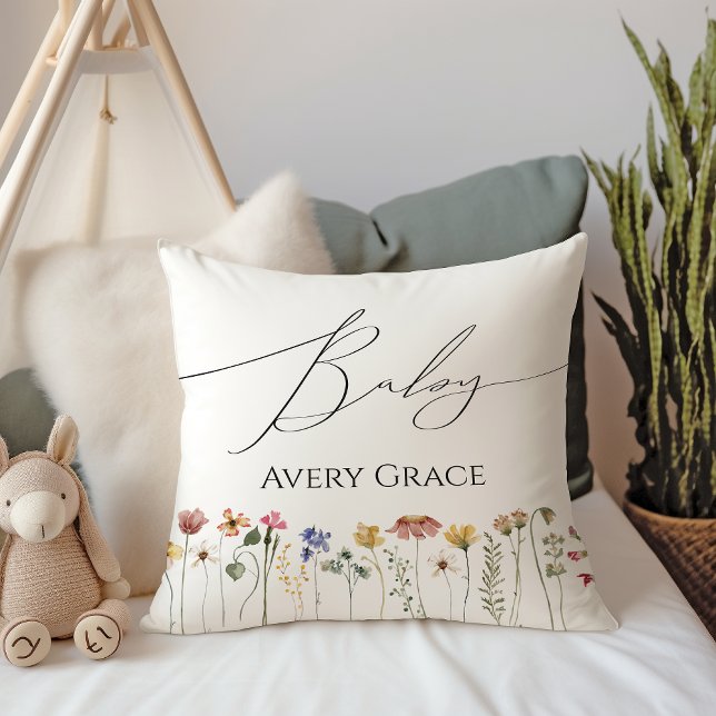 Colorful Wildflower With Baby Name Throw Pillow (Creator Uploaded)