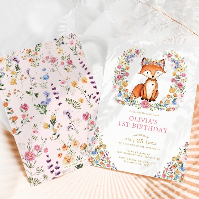 Colorful Wildflower Woodland Fox Girl Birthday Invitation (Creator Uploaded)