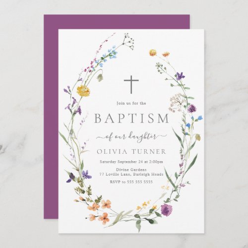 Colorful Wildflower Wreath Baby Baptism  Invitation