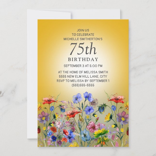 Colorful Wildflower Yellow Sunshine 75th Birthday Invitation (Front)