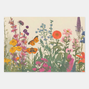 Colorful Wildflowers and Butterflies Wrapping Paper Sheets