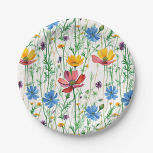 Colorful Wildflowers and Green Grass Paper Plates