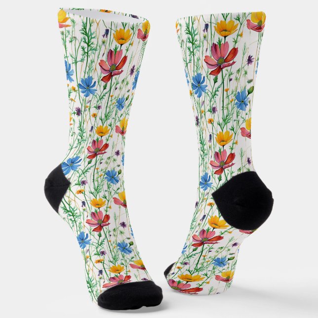 Colorful Wildflowers and Green Grass Socks (Angled)