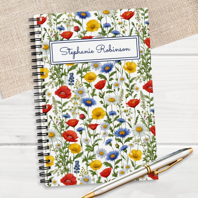 Colorful Wildflowers Beautiful Floral Personalized Notebook (A pretty notebook with colorful wildflowers pattern, personalized with a name in script typography)