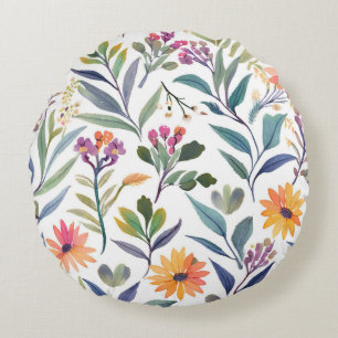 Colorful Wildflowers   Beautiful Floral Watercolor Round Pillow