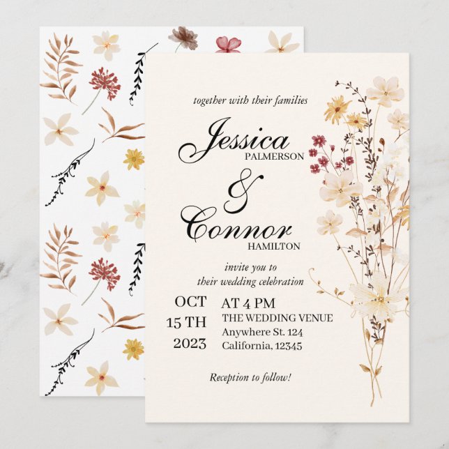 Colorful Wildflowers boho Wedding Invitation (Front/Back)