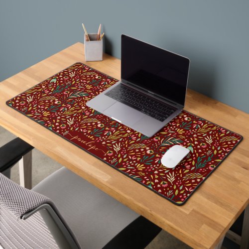 Colorful Wildflowers  Botanical Leaves Pattern Desk Mat