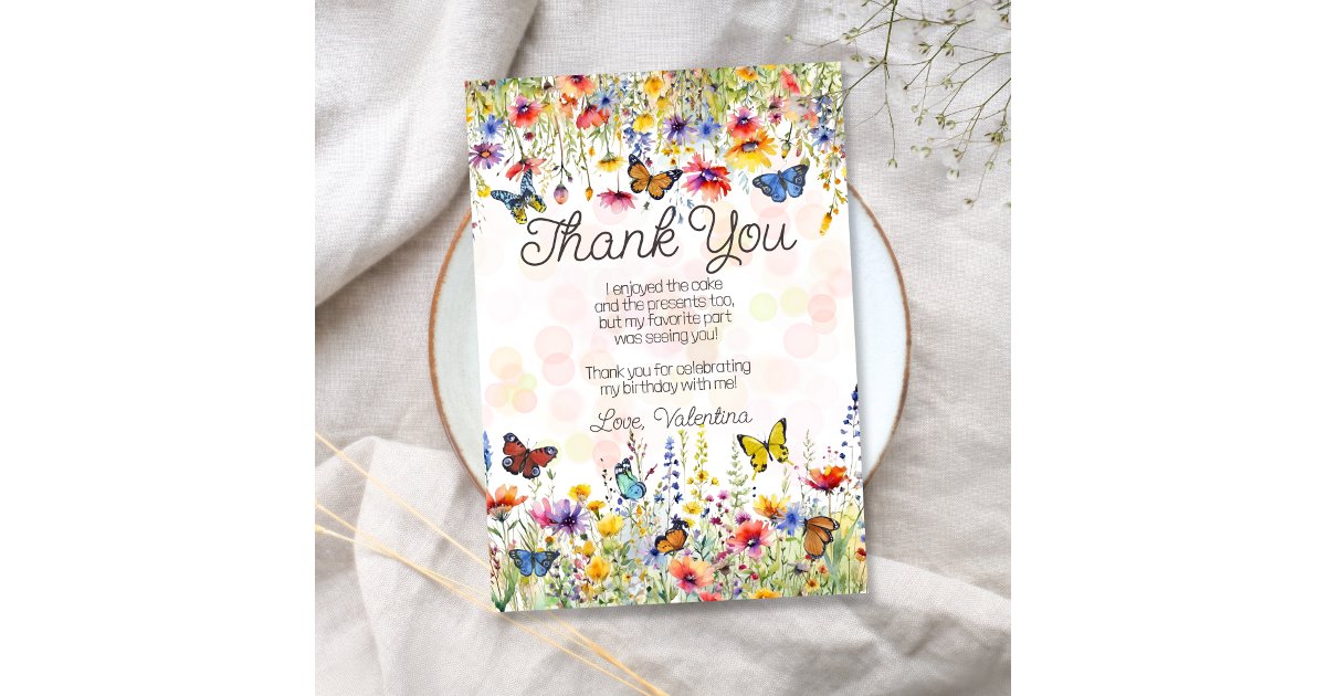 Colorful Wildflowers & Butterflies Birthday Party Thank You Card | Zazzle