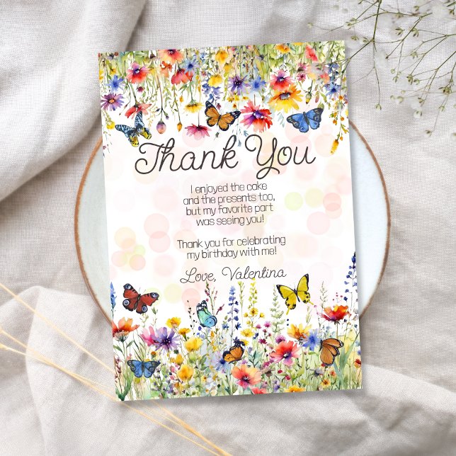 Colorful Wildflowers & Butterflies Birthday Party Thank You Card (Creator Uploaded)