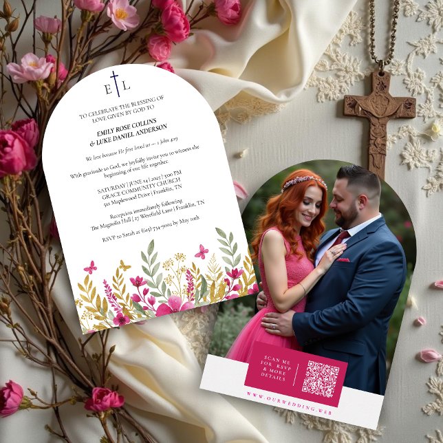 Colorful Wildflowers & Butterflies Faith Wedding Invitation (Romantic Colorful Wildflowers and Butterflies Christian Wedding Invitation Cards with Initials.)