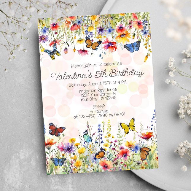 Colorful Wildflowers Butterflies Girl's Birthday Invitation (Creator Uploaded)
