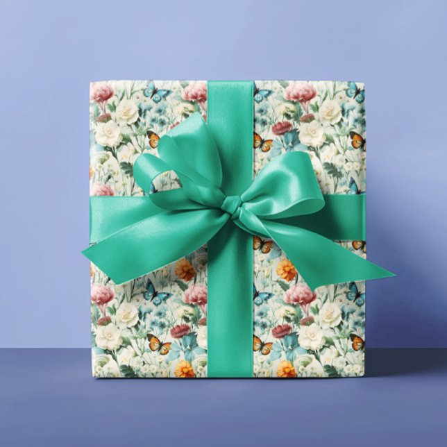 Colorful Wildflowers Butterflies Pattern Wrapping Paper (Creator Uploaded)