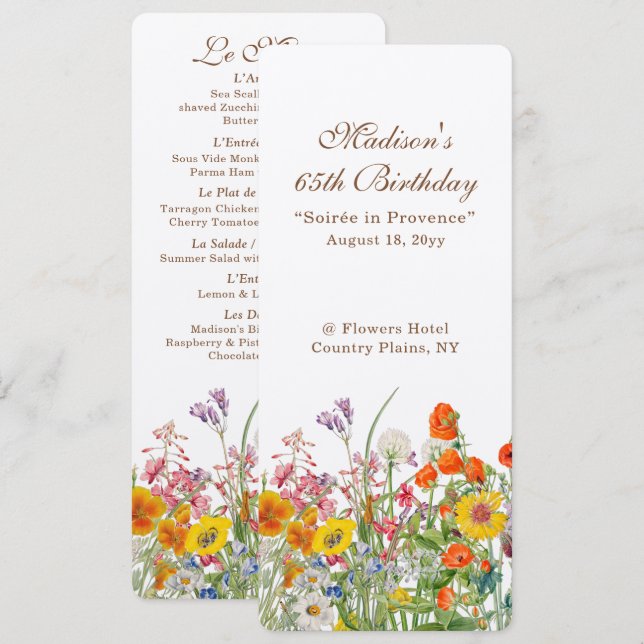 Colorful Wildflowers Country 65th Birthday Menu (Front/Back)