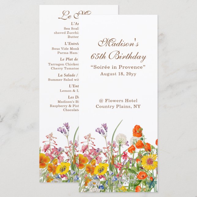 Colorful Wildflowers Country 65th Birthday Menu (Front/Back)