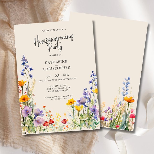 Colorful Wildflowers Custom Housewarming Party Invitation (Colorful Watercolor Wildflowers Housewarming Party Invitation with Couple's Names, Details.)