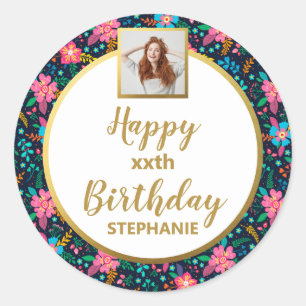Colorful Wildflowers, Custom Photo, Happy Birthday Classic Round Sticker