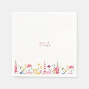Colorful Wildflowers Custom Pink Name Baby Shower Napkins