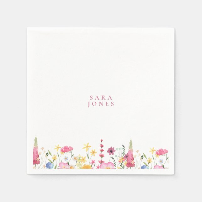 Colorful Wildflowers Custom Pink Name Baby Shower Napkins (Front)