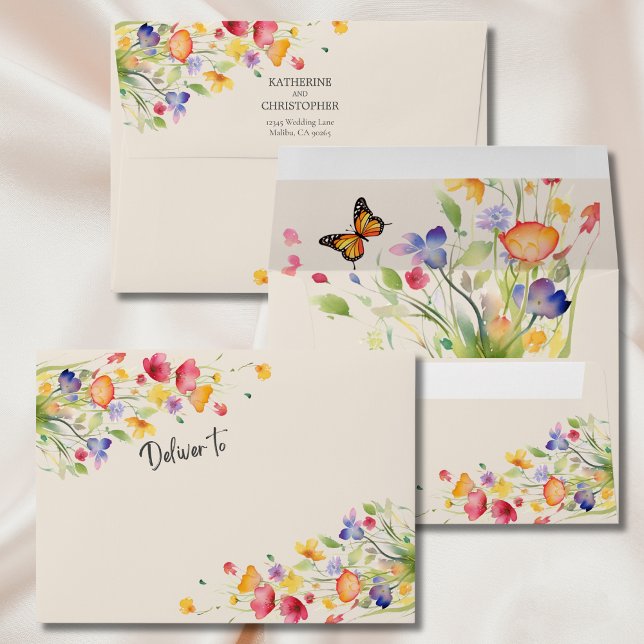 Colorful Wildflowers Elegant Beige Wedding Envelope (Colorful Wildflowers Wedding Invitation Envelope with purple, red, orange flowers, couple address.)