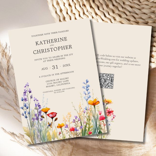 Colorful Wildflowers Elegant Beige Wedding Invitation (Colorful Watercolor Wildflowers Elegant Wedding Invitation with purple, orange, red flowers, QR code)