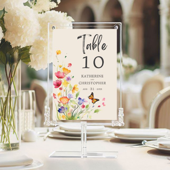 Colorful Wildflowers Elegant Beige Wedding Table Number (Colorful Wildflowers Wedding Reception Table Number with purple, orange, red, yellow flowers.)