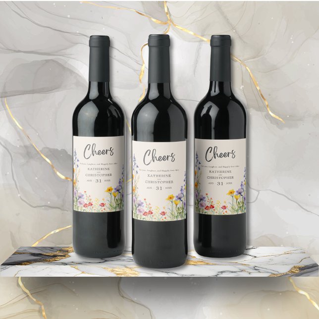 Colorful Wildflowers Elegant Cheers Wedding Wine Label (Cheers Wedding Wine Bottle with colorful wildflowers in purple, orange, and red jewel tones.)