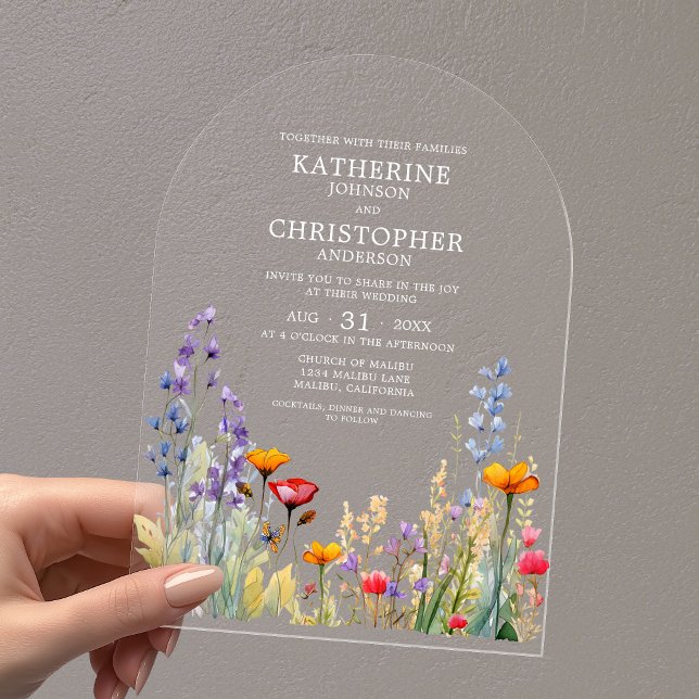 Colorful Wildflowers Elegant Wedding Arch Acrylic Invitations (Colorful Wildflowers Elegant Wedding Arch Acrylic Invitation with Couple's First and Last Names.)